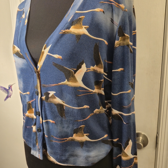 Isabel de Pedro Blue & Black Flamingo Flock Print Cardigan Y2K Maximalist Knit - Picture 3 of 7